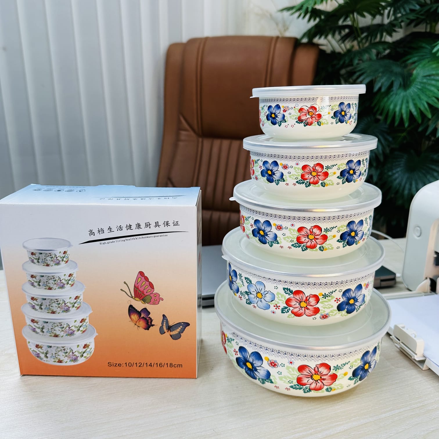 5-Piece Enamel Box Set with Lid Big Flower print